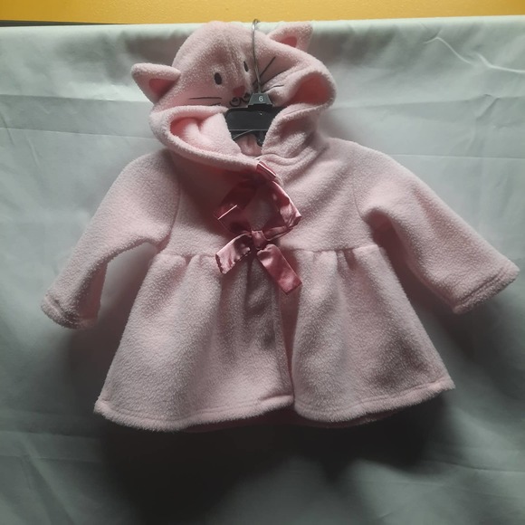Little Lass Pink Snap front soft fleece Ribbon Kitty cat hood  3/6M - Picture 1 of 5